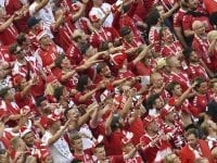 Denmark supporters cheer during the Russia 2018 World Cup Group C football match between Denmark and France at the Luzhniki Stadium in Moscow on June 26, 2018. (Photo by Mladen ANTONOV / AFP) / RESTRICTED TO EDITORIAL USE - NO MOBILE PUSH ALERTS/DOWNLOADS        (Photo credit should read MLADEN ANTONOV/AFP/Getty Images)